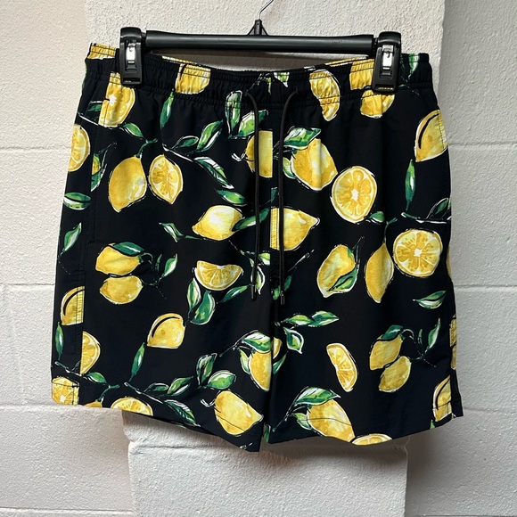 Express Black Lemon Print Mens Swim Shorts - Picture 1 of 4